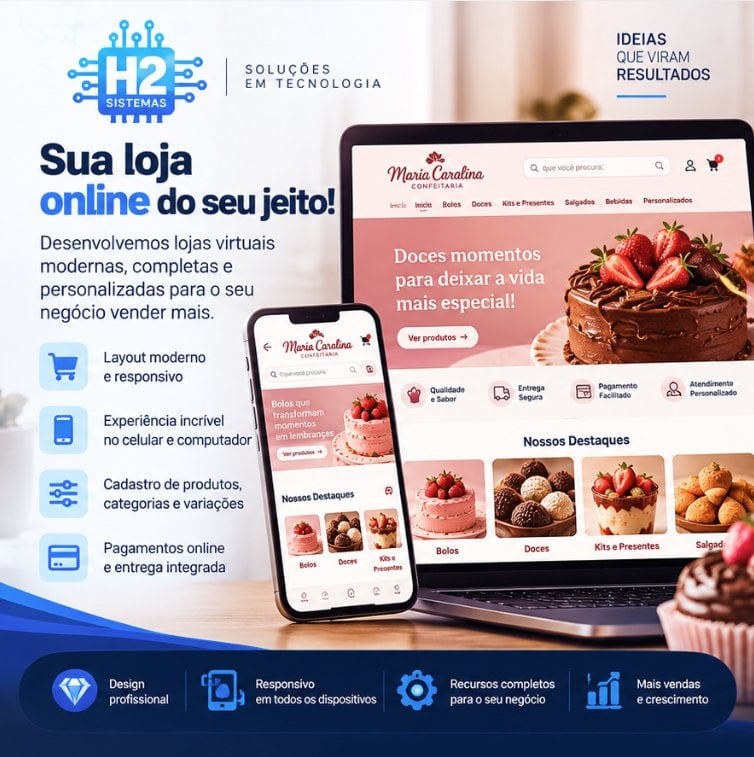 Arte da MC Confeitaria: loja virtual em celular e computador, com catálogo de produtos para confeitaria